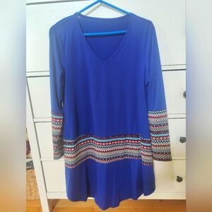Blue Long Sleeve V-neck Dress with Patterned Accents